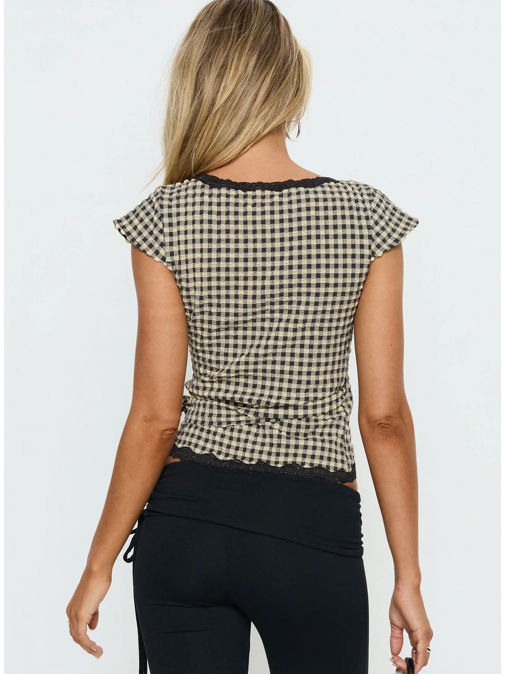 Princess Polly Meltwater Lace Trim Wrap Detail Top Black Check - NWT - Picture 4 of 6